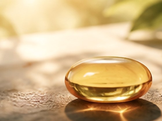 A vitamin D softgel capsule in the sunlight